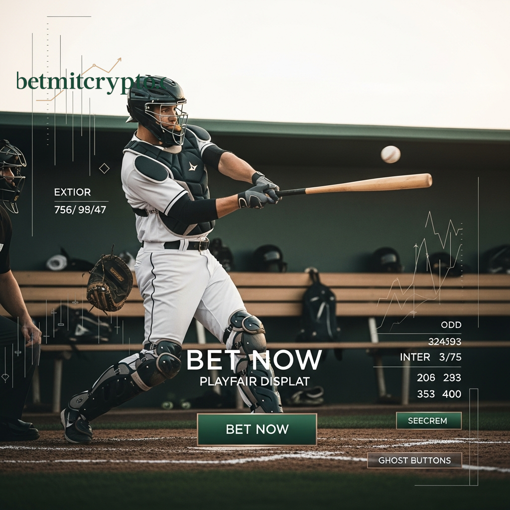 Eine integrierte Sportwetten-Benutzeroberfläche mit einem 'JETZT WETTEN'-Button über einer dynamischen Baseball-Action-Aufnahme, die die verschiedenen verfügbaren Krypto-Wettmärkte für Fußball darstellt.