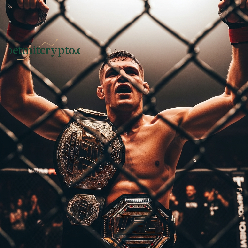 Ein triumphierender MMA-Champion mit zwei Gürteln, der den Favoritenstatus und die Siegermentalität des brasilianischen Nationalteams symbolisiert.